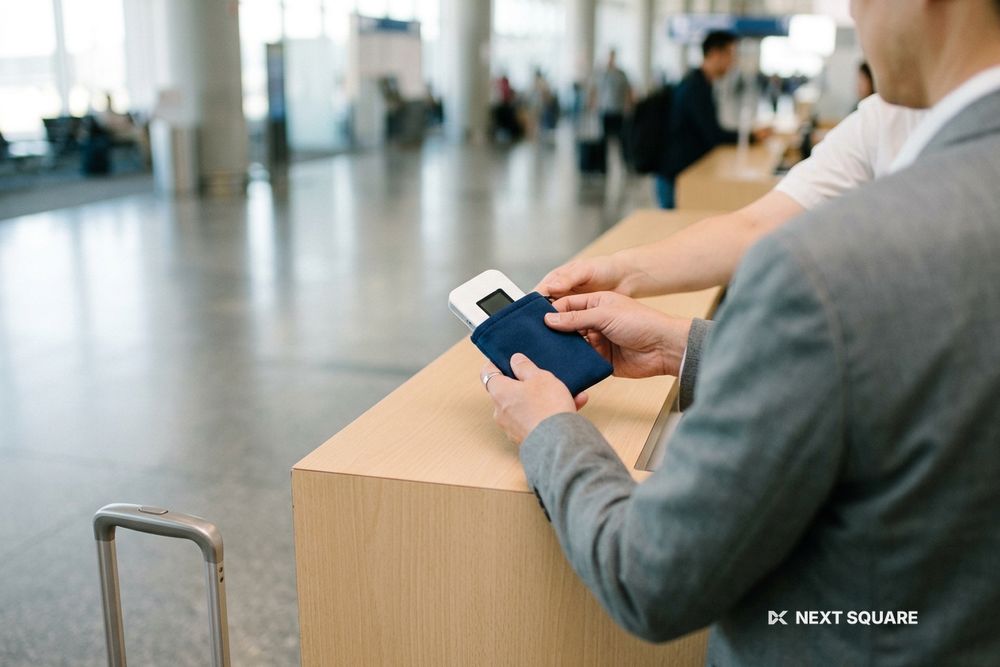 空港のカウンターでWiFiルーターを受け取るイメージ