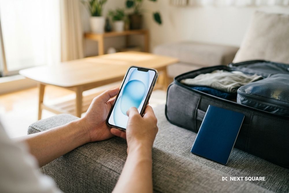 出発前に自宅でスマートフォンを操作するイメージ