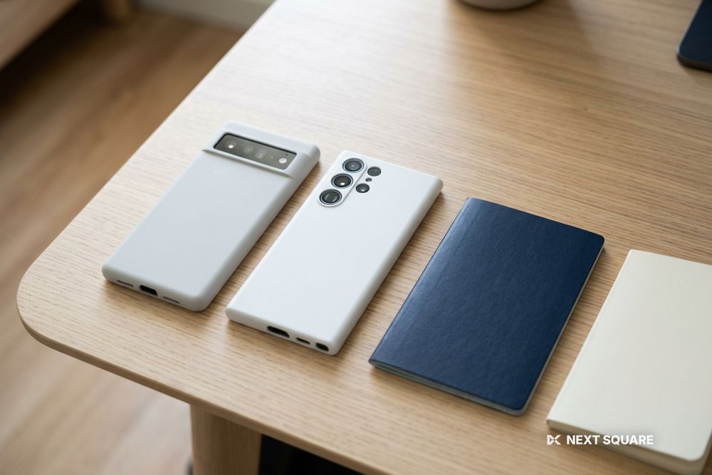 木の机に並べたAndroidスマートフォンとパスポート、ノートのイメージ