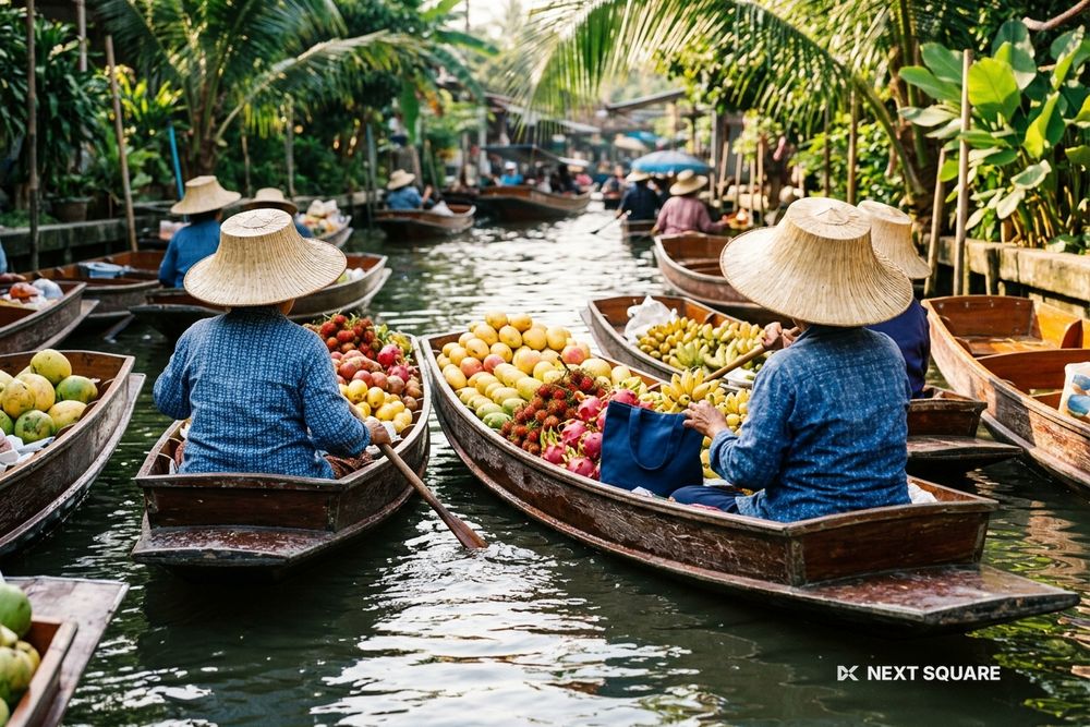 タイの水上マーケットで果物を積んだ小舟が並ぶイメージ