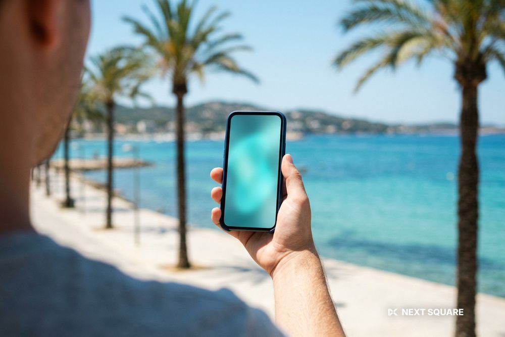 海辺の遊歩道でスマートフォンを片手に持つ手元のイメージ