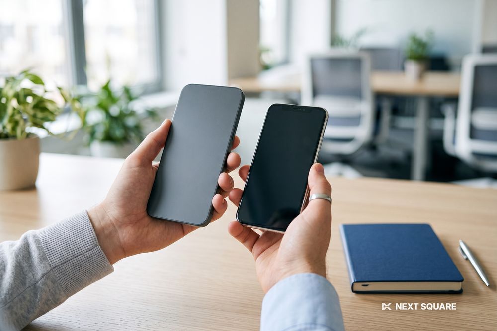 オフィスのデスクでスマートフォンを比較検討している様子