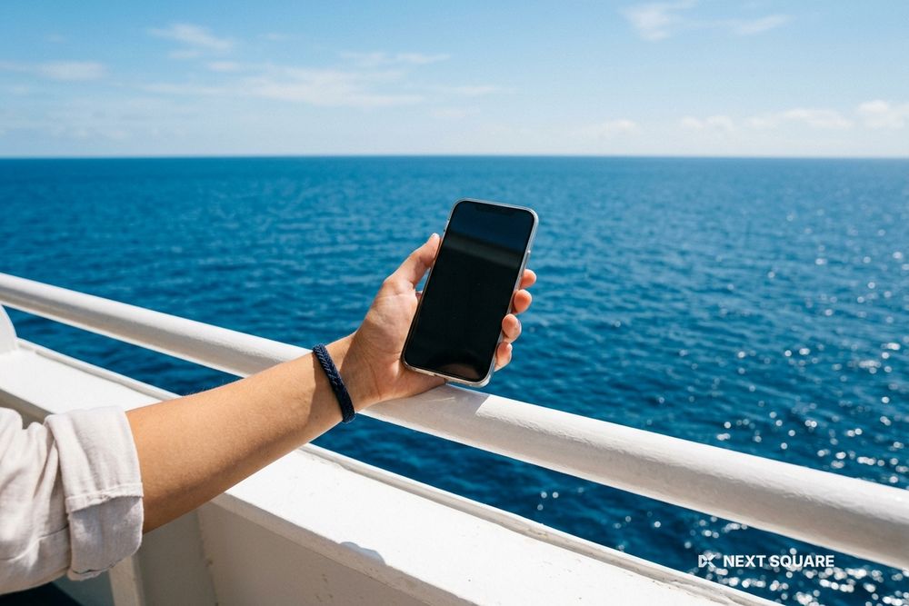 客船のデッキでスマートフォンを手にしたイメージ