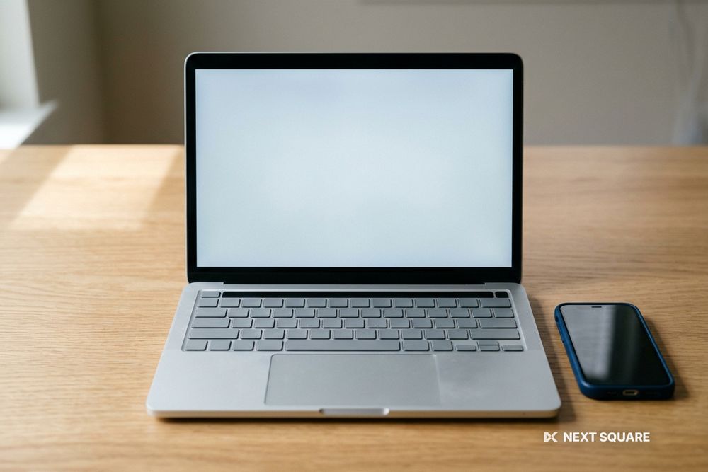 木の机に置いたノートパソコンとスマートフォンのイメージ