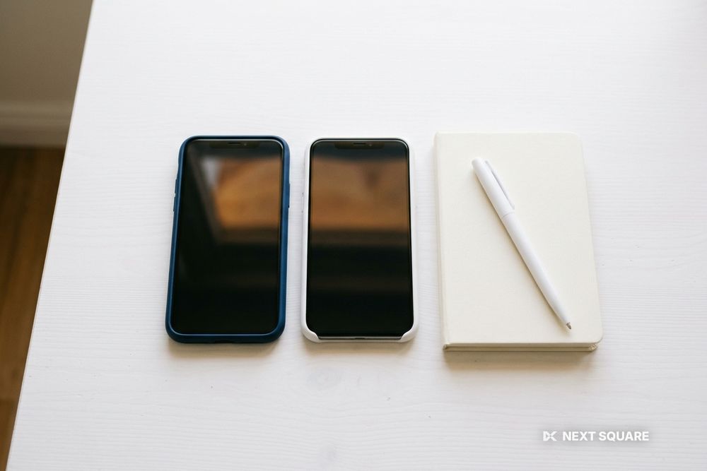 白いテーブルに並べたスマートフォンとノート、ペンのイメージ