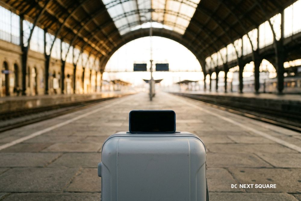 朝日が差すヨーロッパの駅のホームでスーツケースの上にスマートフォンを置いたイメージ