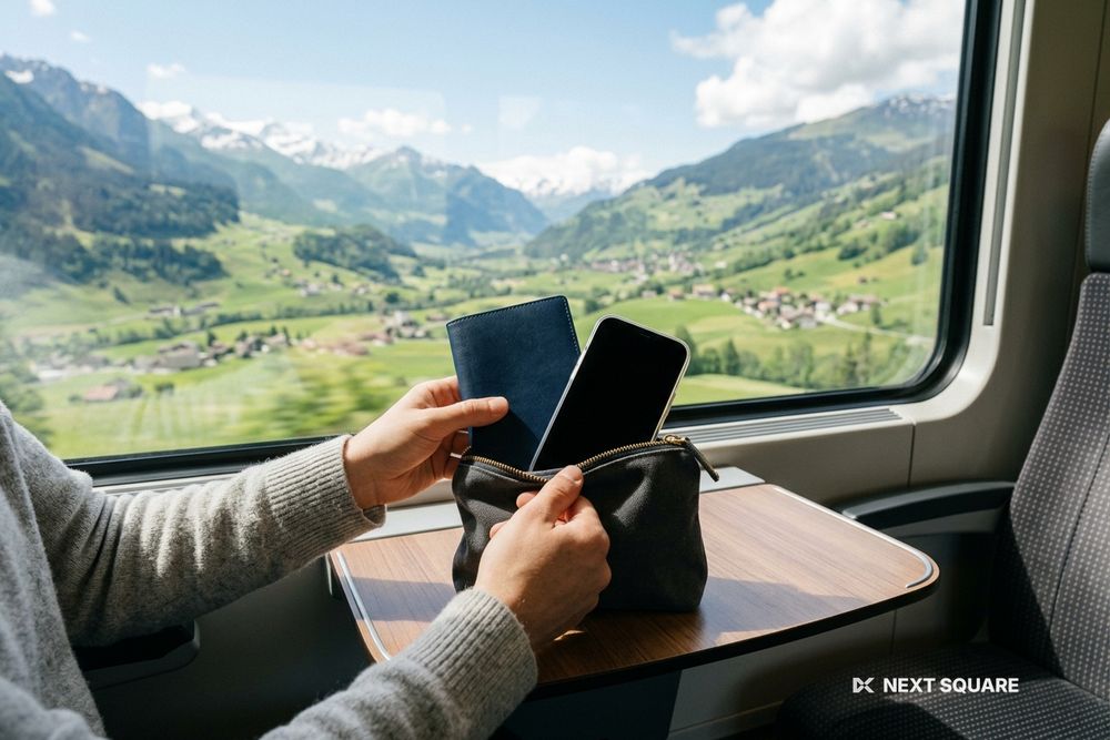 列車のテーブルでパスポートとスマートフォンをポーチにしまうイメージ