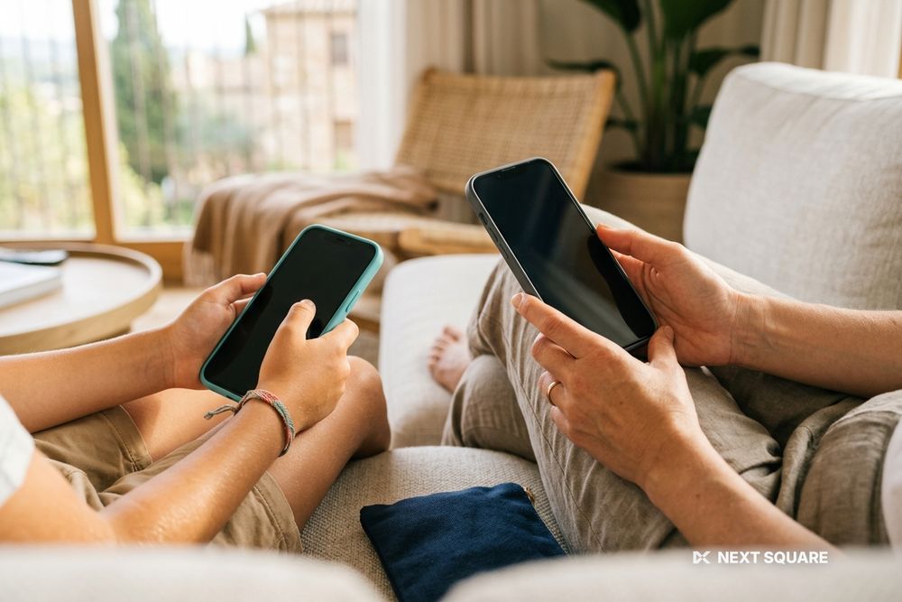 親子がそれぞれ自分のスマートフォンを持っているイメージ