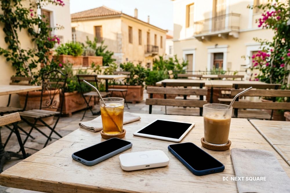 カフェのテーブルにポケットWiFiルーターとスマートフォン、タブレットを並べたイメージ