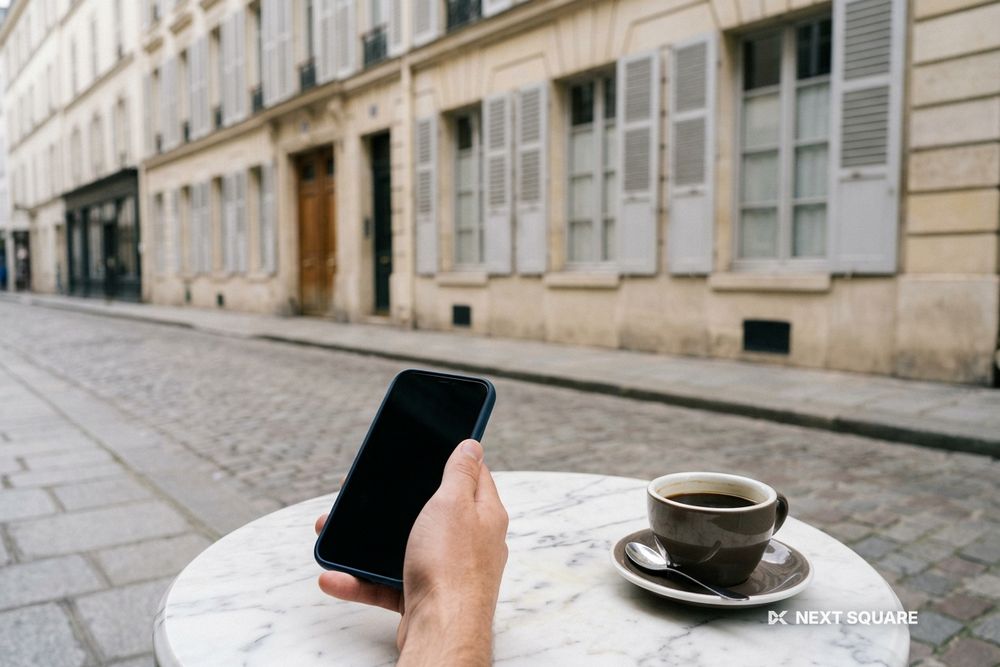 パリの通りに面したカフェのテーブルでコーヒーの横にスマートフォンを手にしたイメージ