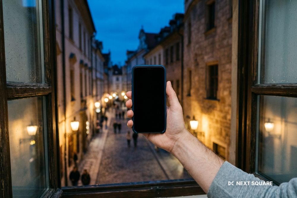 夕暮れの旧市街を見下ろすホテルの窓辺でスマートフォンを手にしたイメージ