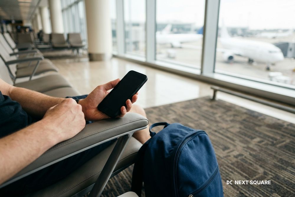空港の搭乗待合スペースでスマートフォンを手にする旅行者のイメージ