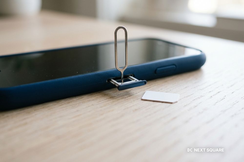 スマートフォンのSIMトレイを取り出し用のピンで開けるイメージ