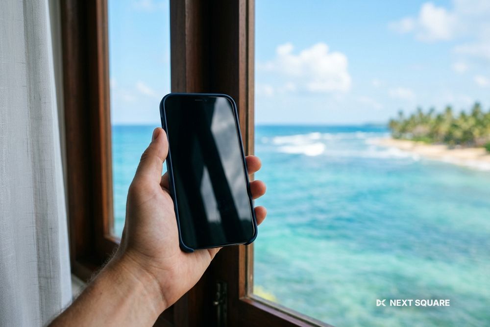 ホテルの窓辺でスマートフォンを持つ手のイメージ