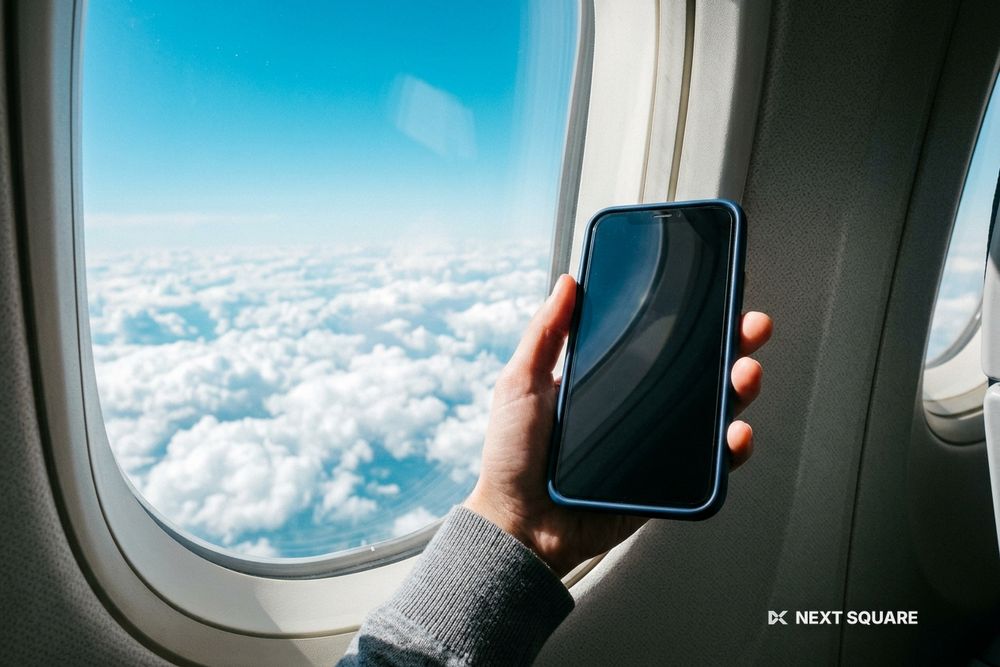 飛行機の窓辺でスマートフォンを手に持つイメージ