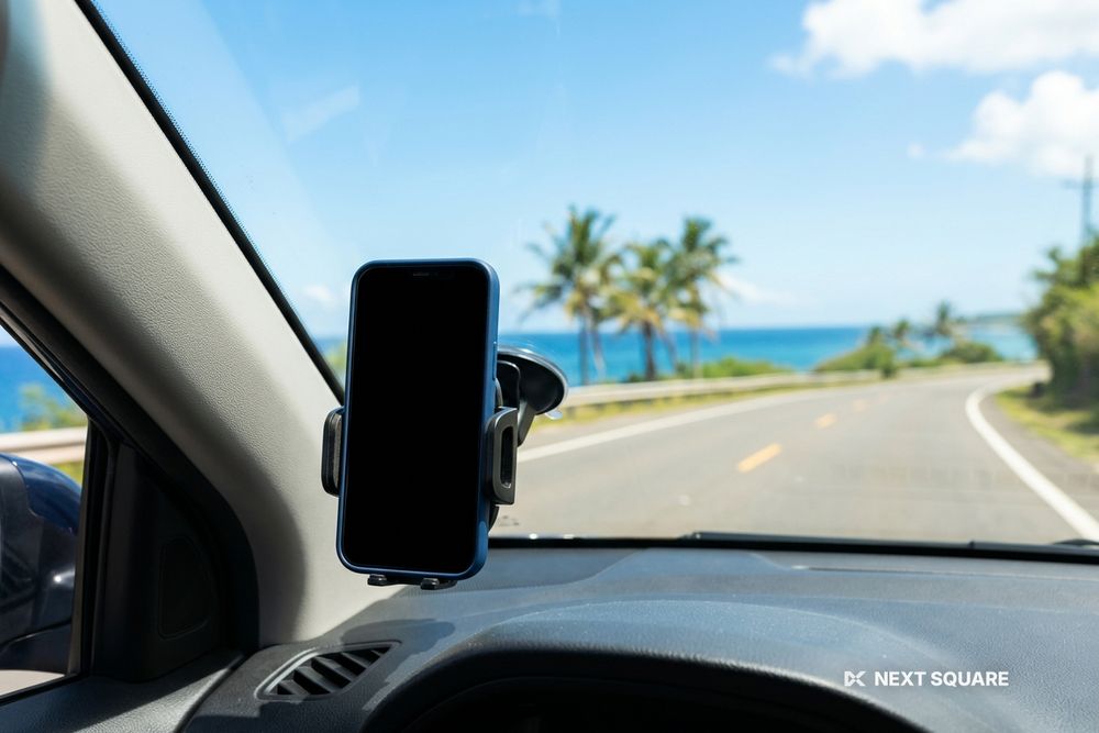 海沿いの道を走る車のスマートフォンホルダーのイメージ