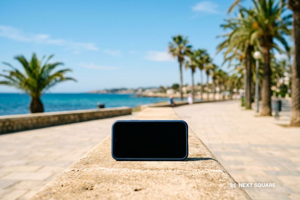 ヤシの木が並ぶ海沿いの遊歩道に置いたスマートフォンのイメージ