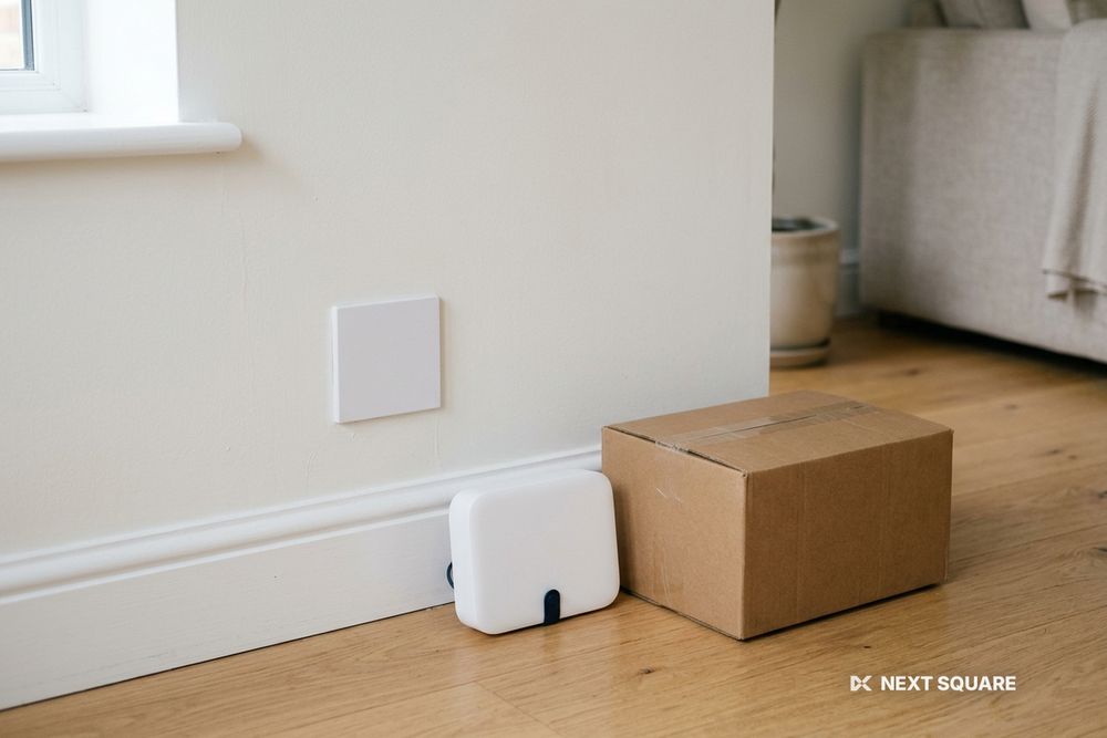 部屋の壁ぎわにルーターと梱包した段ボール箱を置いたイメージ