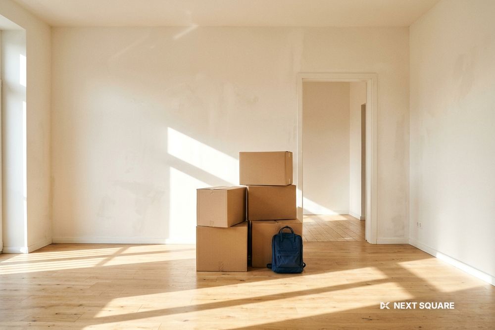家具のない明るい部屋に引っ越し用の段ボール箱を積んだイメージ