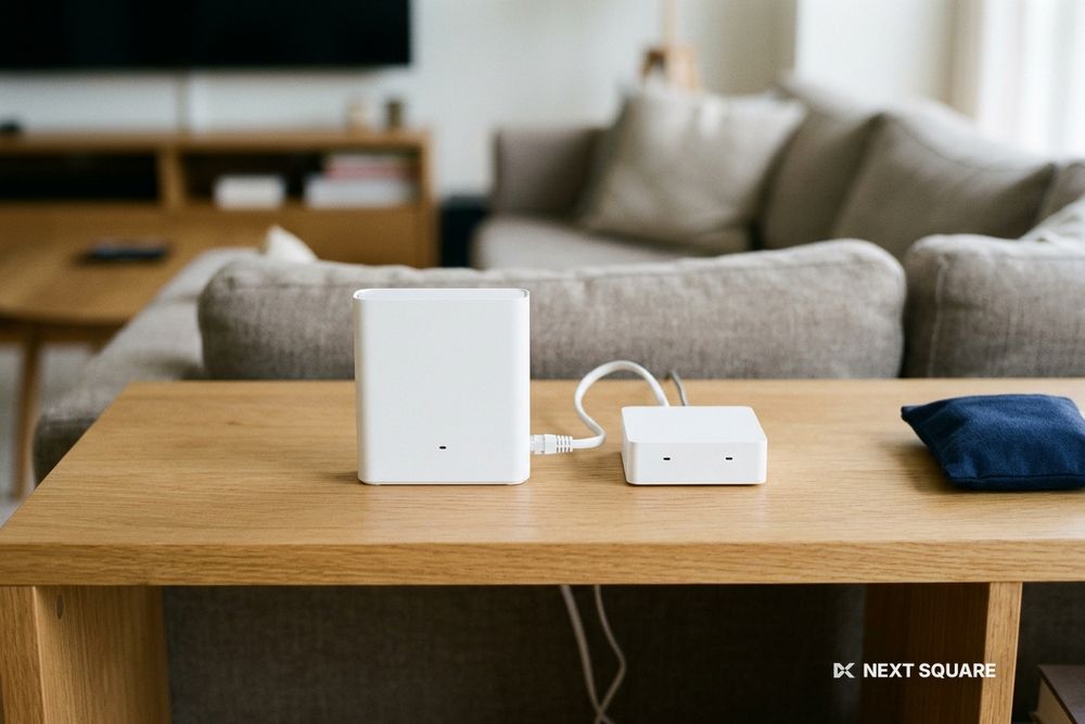 リビングの棚に置いたWi-Fiルーターと光回線の終端装置のイメージ
