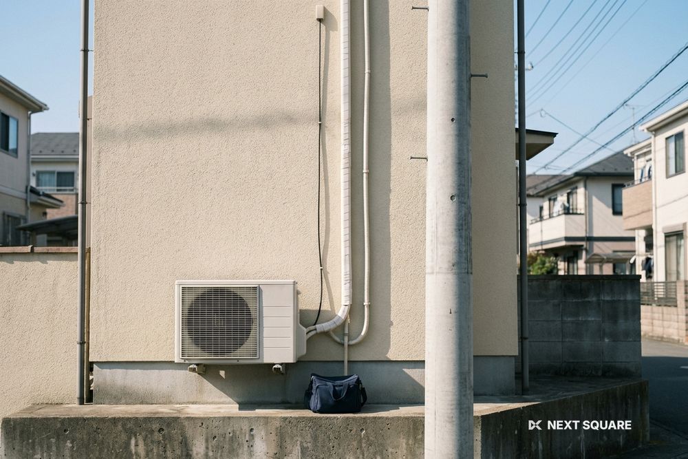 エアコンの室外機と配管が通る住宅の外壁と電柱のイメージ