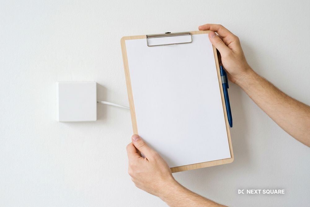 壁の光コンセントの横で白紙のクリップボードを手に持ったイメージ