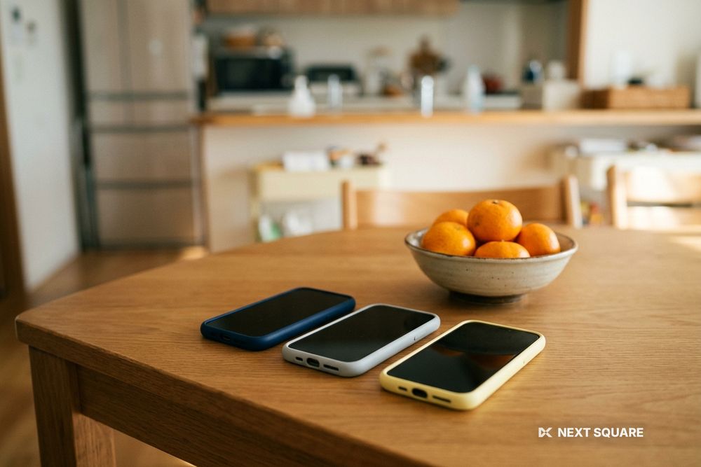 食卓に家族のスマートフォン3台を並べたイメージ