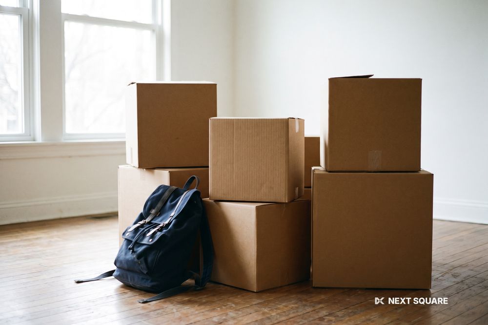 引っ越し先とみられる部屋に積まれた段ボール箱と、窓からの自然光(人物の顔は写っていない)