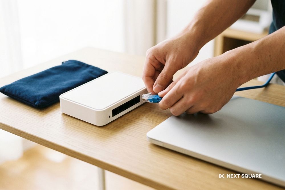 机の上でWi-FiルーターにLANケーブルを差し込むイメージ