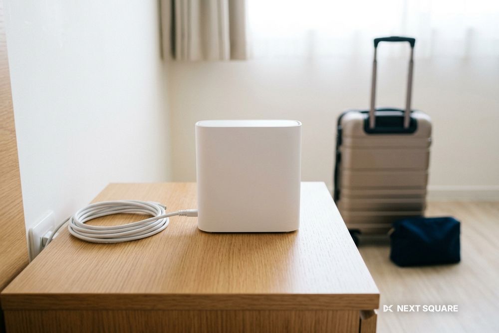 部屋の机に置いたホームルーターと電源ケーブル、スーツケースのイメージ