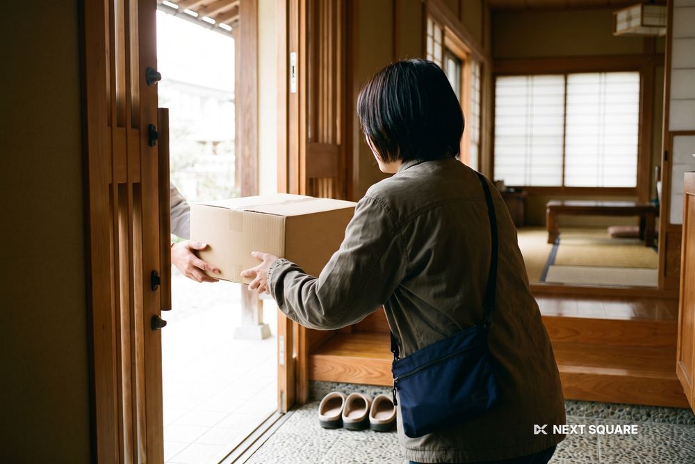 玄関先でダンボールの荷物を受け取っている後ろ姿
