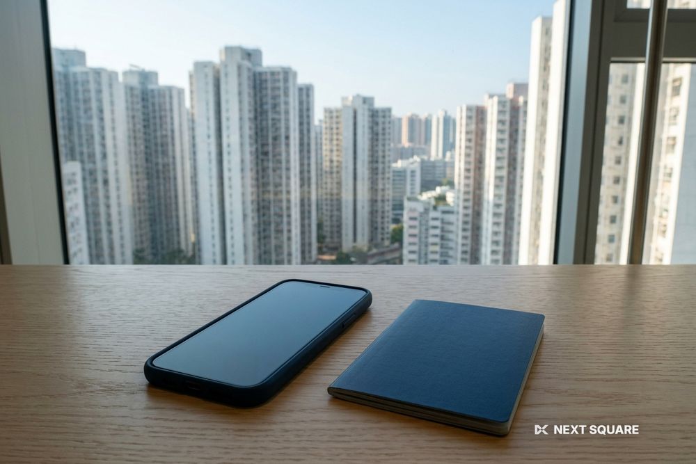 高層住宅が見えるホテルの机にスマートフォンとパスポートを置いたイメージ