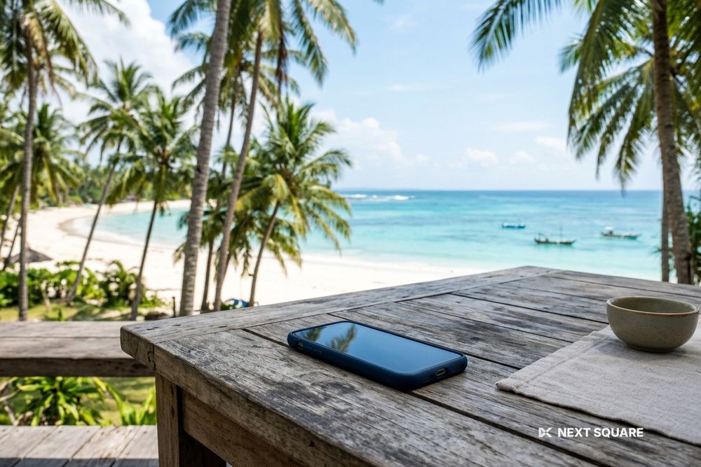 ヤシの木の下のテーブルにスマートフォンを置き、奥に海が広がるビーチのイメージ