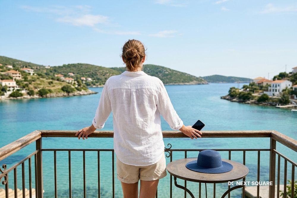 晴れた旅先の広場でスマートフォンを手に歩く旅行者の後ろ姿のイメージ