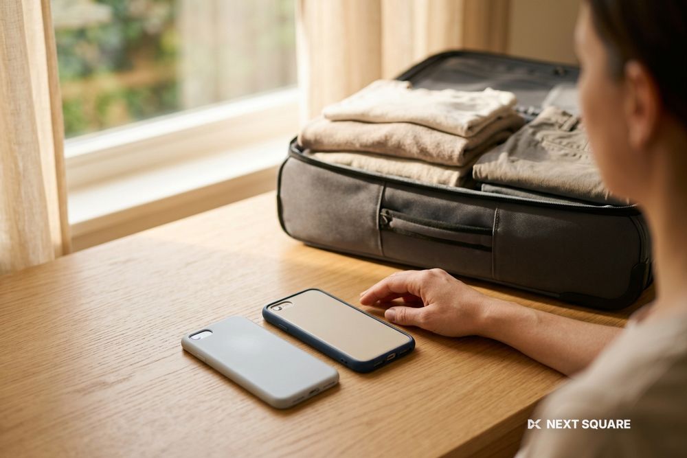 明るい窓辺のテーブルに並んだ二台のスマートフォンと荷造り中のスーツケースのイメージ
