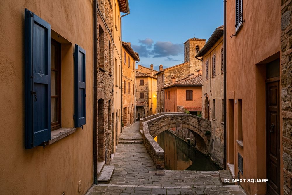 夕暮れのイタリアの町の石畳の路地と運河にかかる石橋のイメージ