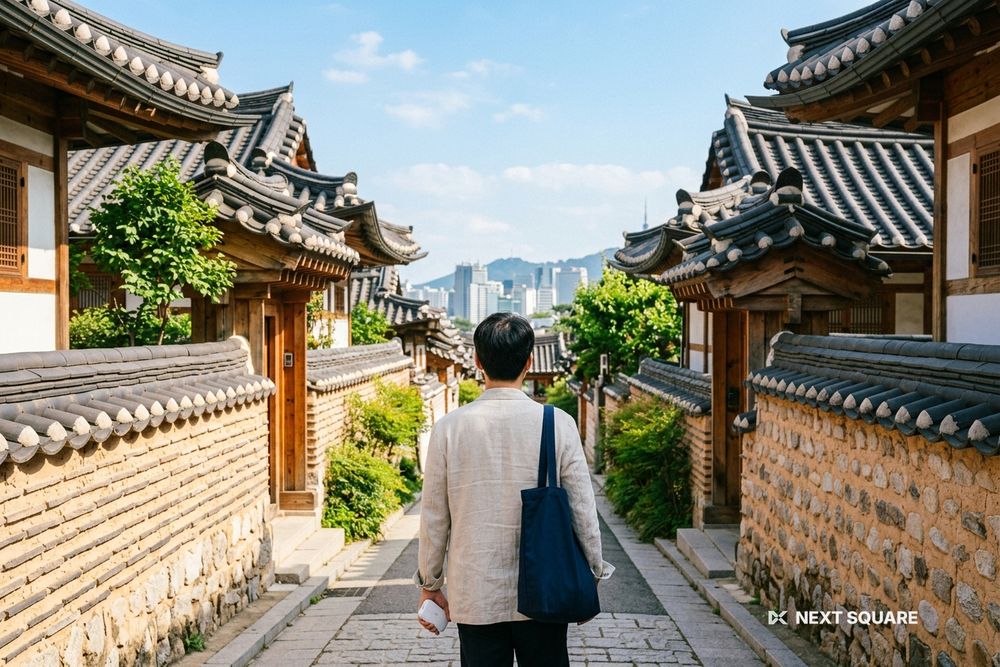 韓国の伝統家屋が並ぶ路地を歩く旅行者のイメージ