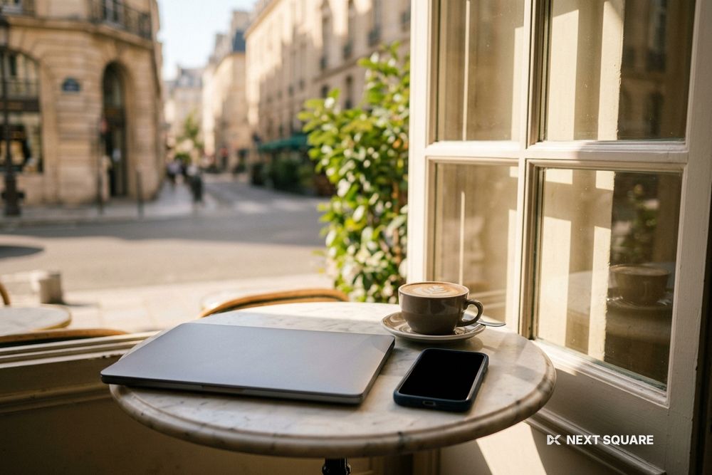 カフェのテーブルにノートパソコンとスマートフォンを置いたイメージ