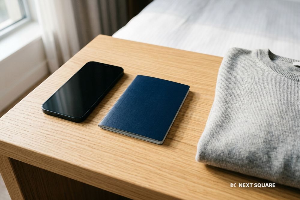 ホテルの机にスマートフォンとパスポートを置いたイメージ