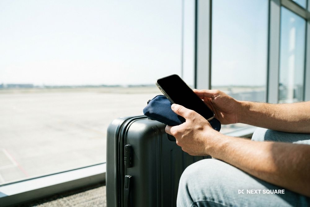 空港の窓辺でスマートフォンを手にしたイメージ