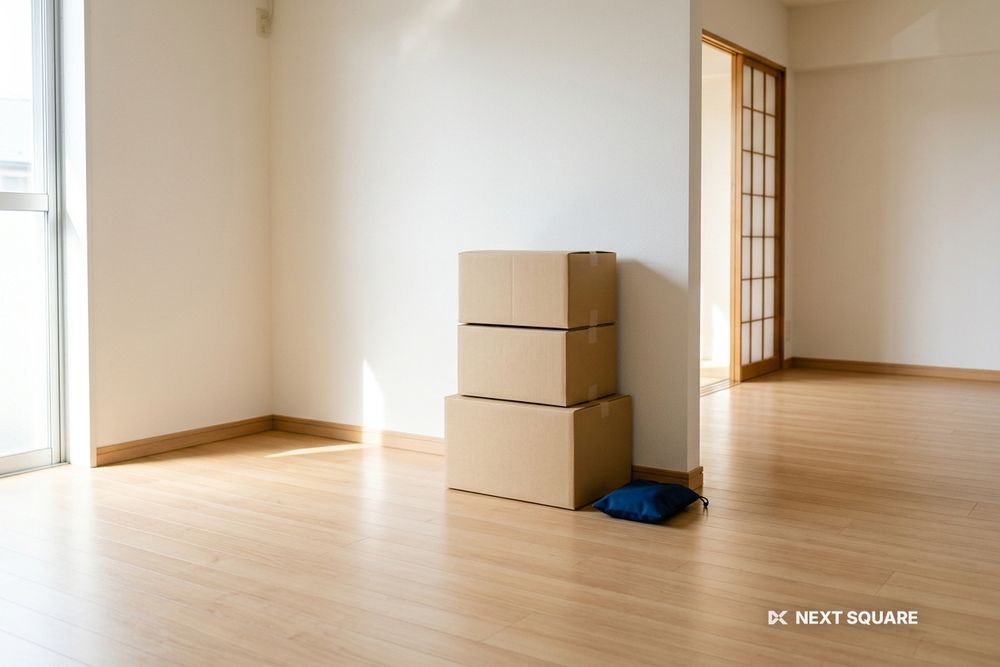 段ボール箱が置かれた引っ越し前後の部屋のイメージ