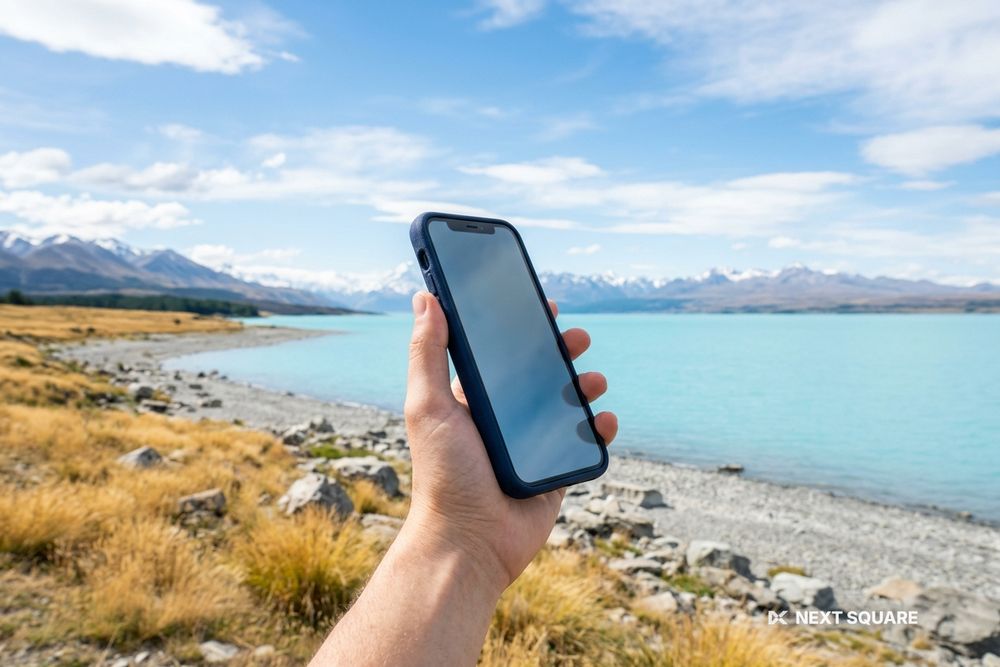 青い氷河湖のほとりでスマートフォンを手に持つイメージ