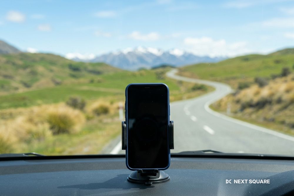 車のダッシュボードのスマートフォンホルダー越しに、丘の間を続く道を見るイメージ