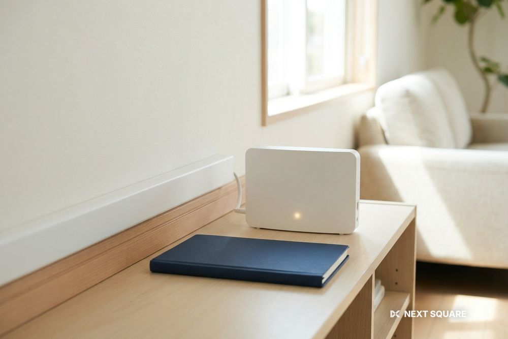 明るい部屋の壁際に沿う白いケーブルカバーと、棚に置かれた白いルーター(画面表示なし)