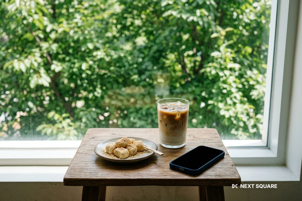 ソウルのカフェのテーブルに置いたスマートフォンのイメージ