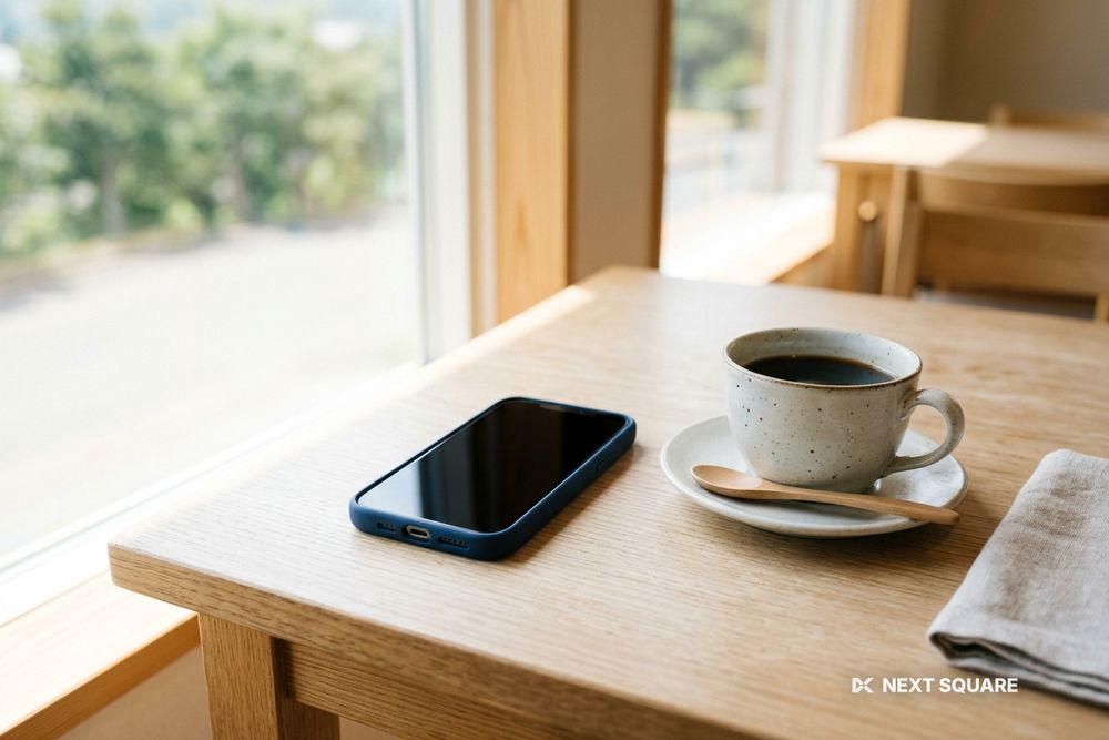 カフェのテーブルにスマートフォンとコーヒーを置いたイメージ