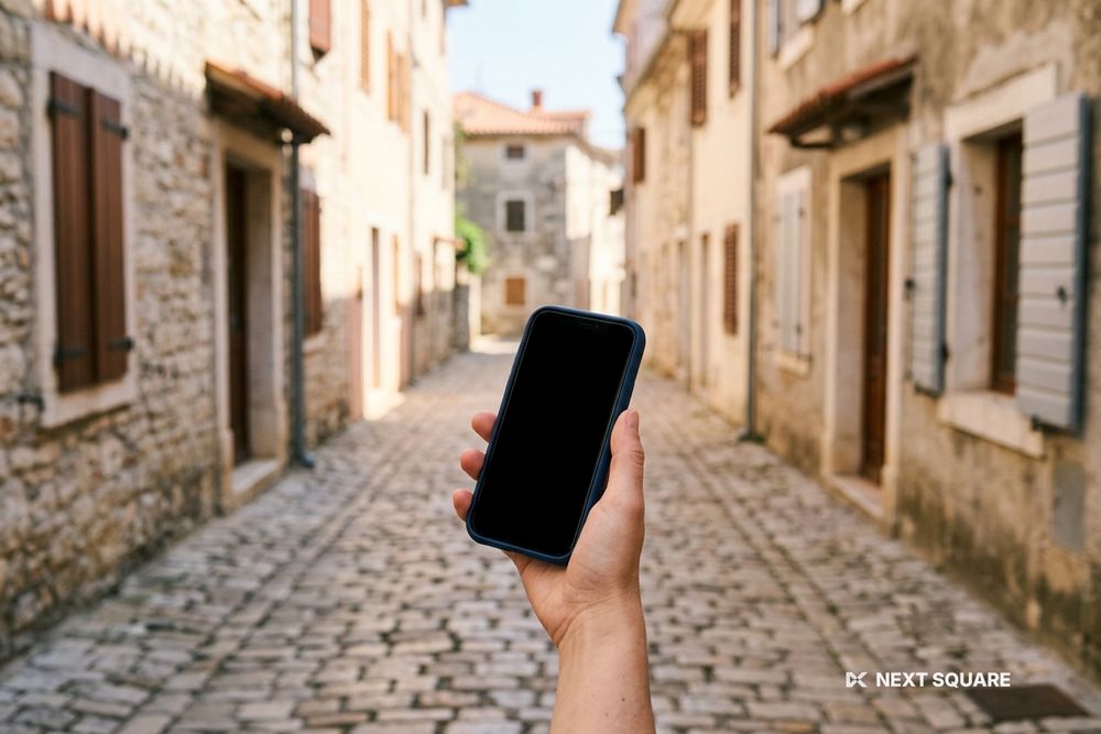 石畳の旧市街でスマートフォンを手にしたイメージ