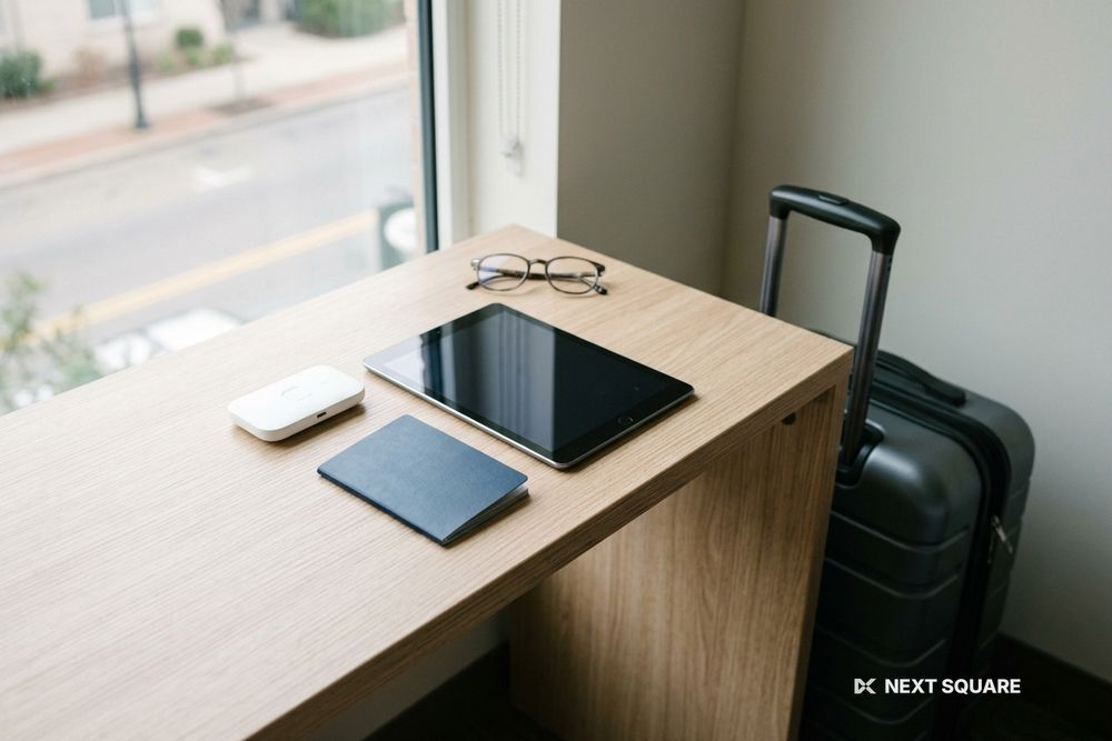 机にポケットWiFiルーターとタブレット、パスポートを置いたイメージ