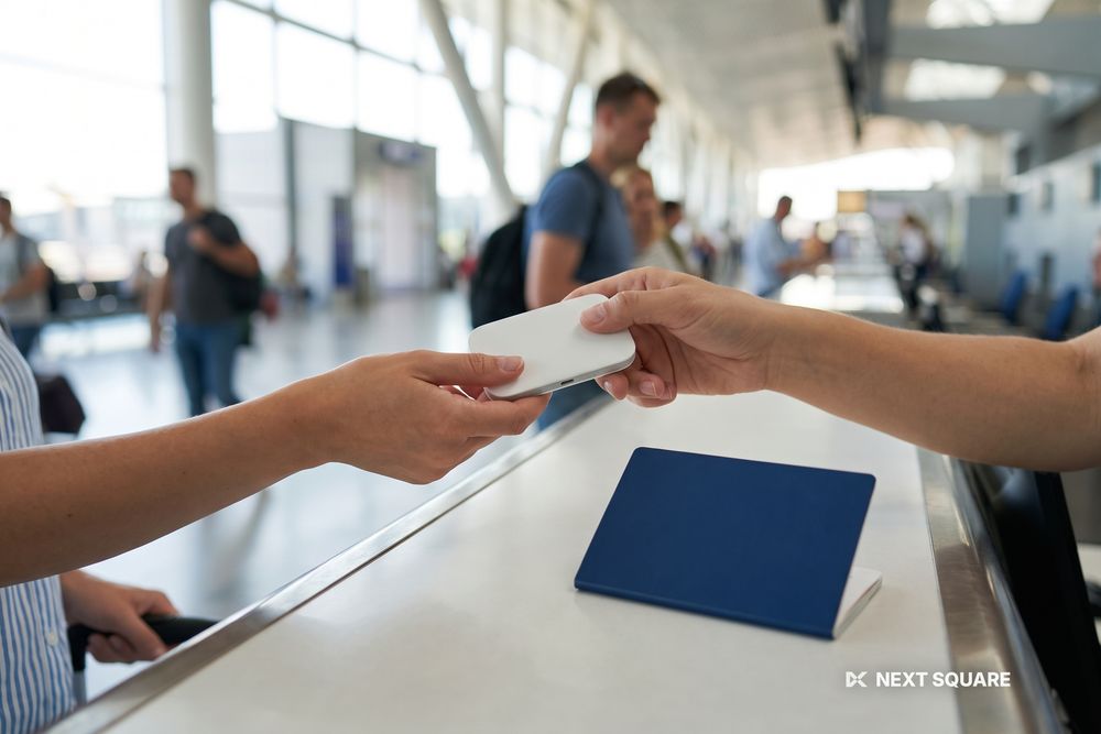 空港の出発ロビーでWiFiルーターの受け渡しをしているイメージ