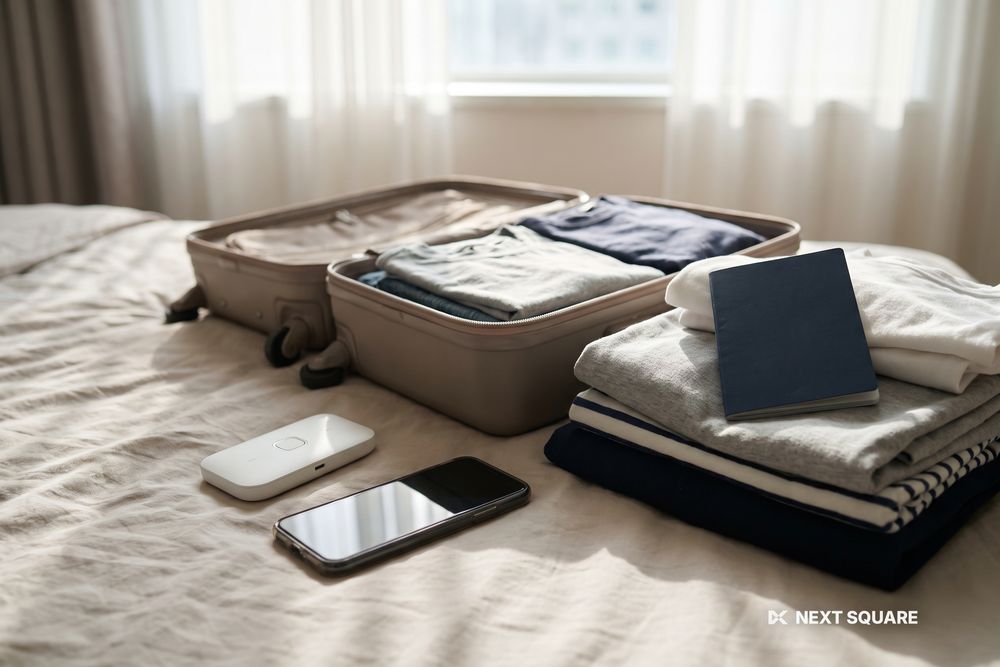 スーツケースのそばでスマートフォンとモバイルルーターを準備しているイメージ